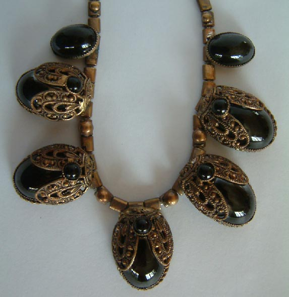 vintage Egyptian Revival black glass scarab & metal necklace